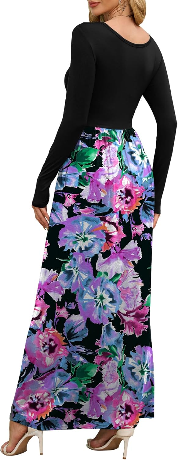 DEARCASE Women's Maxi Dress Long Sleeve Crewneck Loose Plain Casual Empire Waist Fall Party Long Dresses with Pockets - Image 2