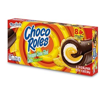 Marinela Choco Roles Pineapple and Creme Filled Snack Cakes with Chocolate Coating, Artificially Flavored, 8 Count