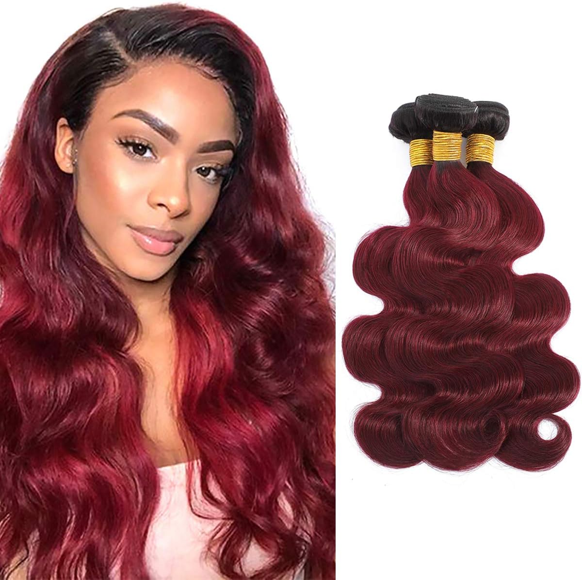 Burgundy Brazilian Virgin Body Wave Human Hair Extension Bundles 2 Tone Ombre Burgundy Body Wave Human Hair 3 Bundles 100% Unprocessed Brazilian Body Wave Weave (12 14 16 inch)