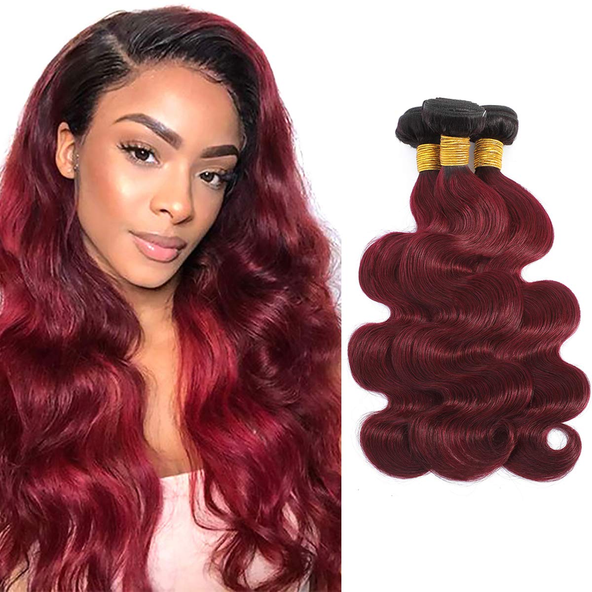 Burgundy Brazilian Virgin Body Wave Human Hair Extension Bundles 2 Tone Ombre Burgundy Body Wave Human Hair 3 Bundles 100% Unprocessed Brazilian Body Wave Weave (12 14 16 inch)