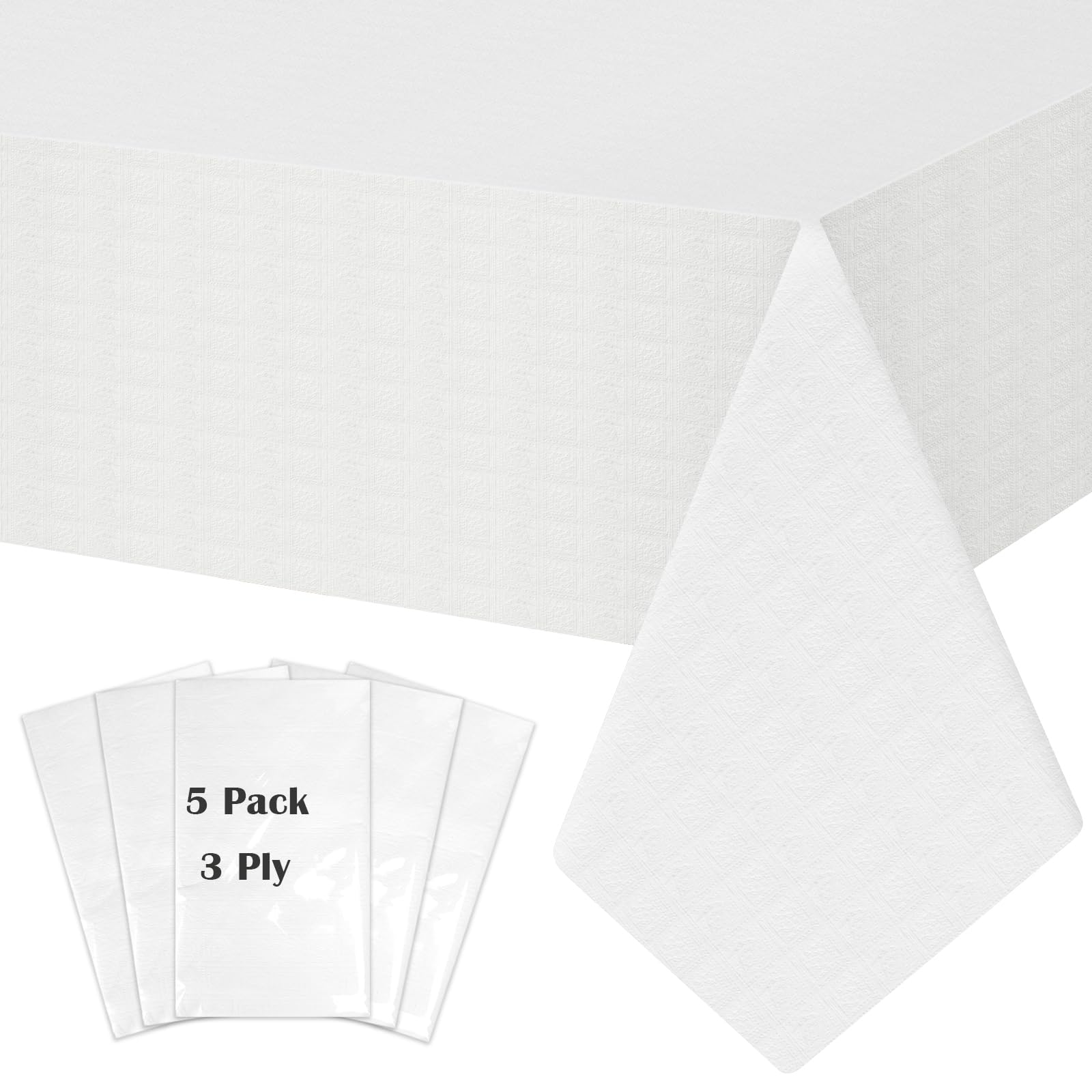 Mantel blanco para mesas rectangulares, paquete de 5 unidades, 54 x 108 pulgadas, mantel de papel y plástico para fiestas, cumpleaños, banquetes de boda al aire libre