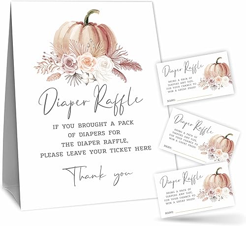 Juego de rifas de pañales de calabaza bohemia, 1 letrero de pie y 50 boletos para rifas de pañales para revelación de género, anuncio de bebé,