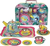 Ensemble de service à thé. 15 pièces en métal : 1 plateau, 1 théière, 4 assiettes, 4 tasses et 4 soucoupes.