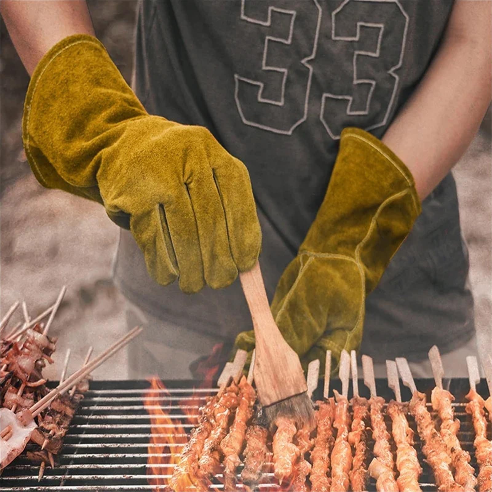 Compatible con guantes ignífugos de cuero, aislamiento térmico, anticorte, for soldar, estufa de leña, chimenea, barbacoa, hornear, Camping
