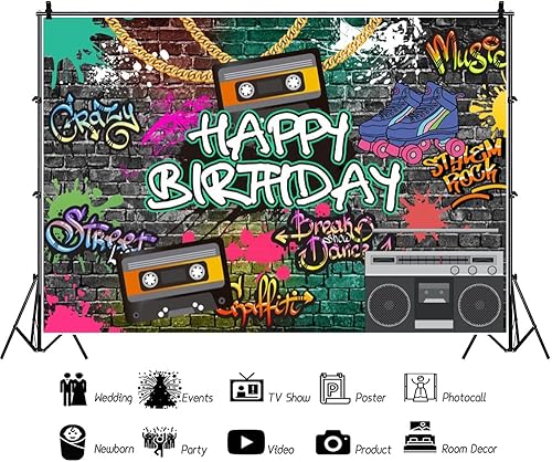 Miniatura 2 de AOFOTO Telón de fondo de feliz cumpleaños de 7 x 5 pies, 80 y 90, tema de regreso a los 80, 90, Hip Hop, Rock Bday, Graffiti, pared de ladrillo,