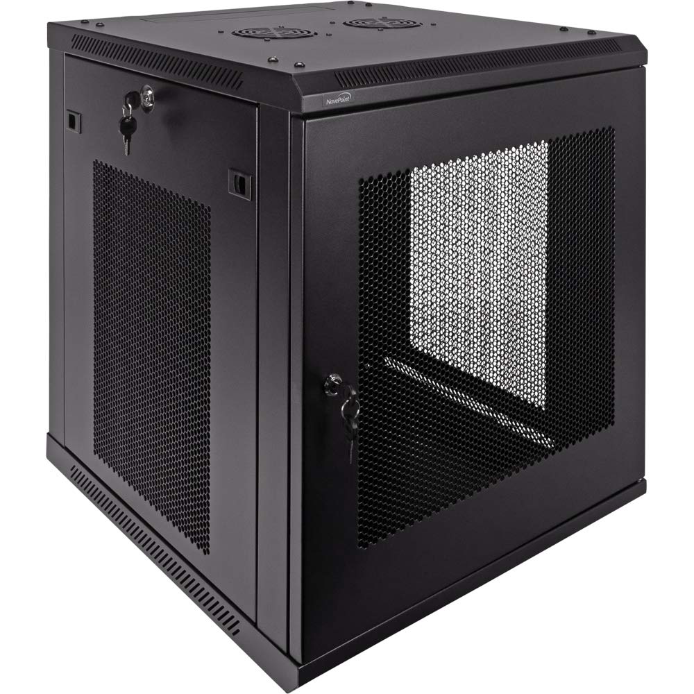 NavePoint 12U Wall Mount Network Cabinet for 19” IT Equipment, A/V Gears, Perforated Door, Locks, Side Panels, 2 Fans, 600mm Depth, Max Weight 132 lbs