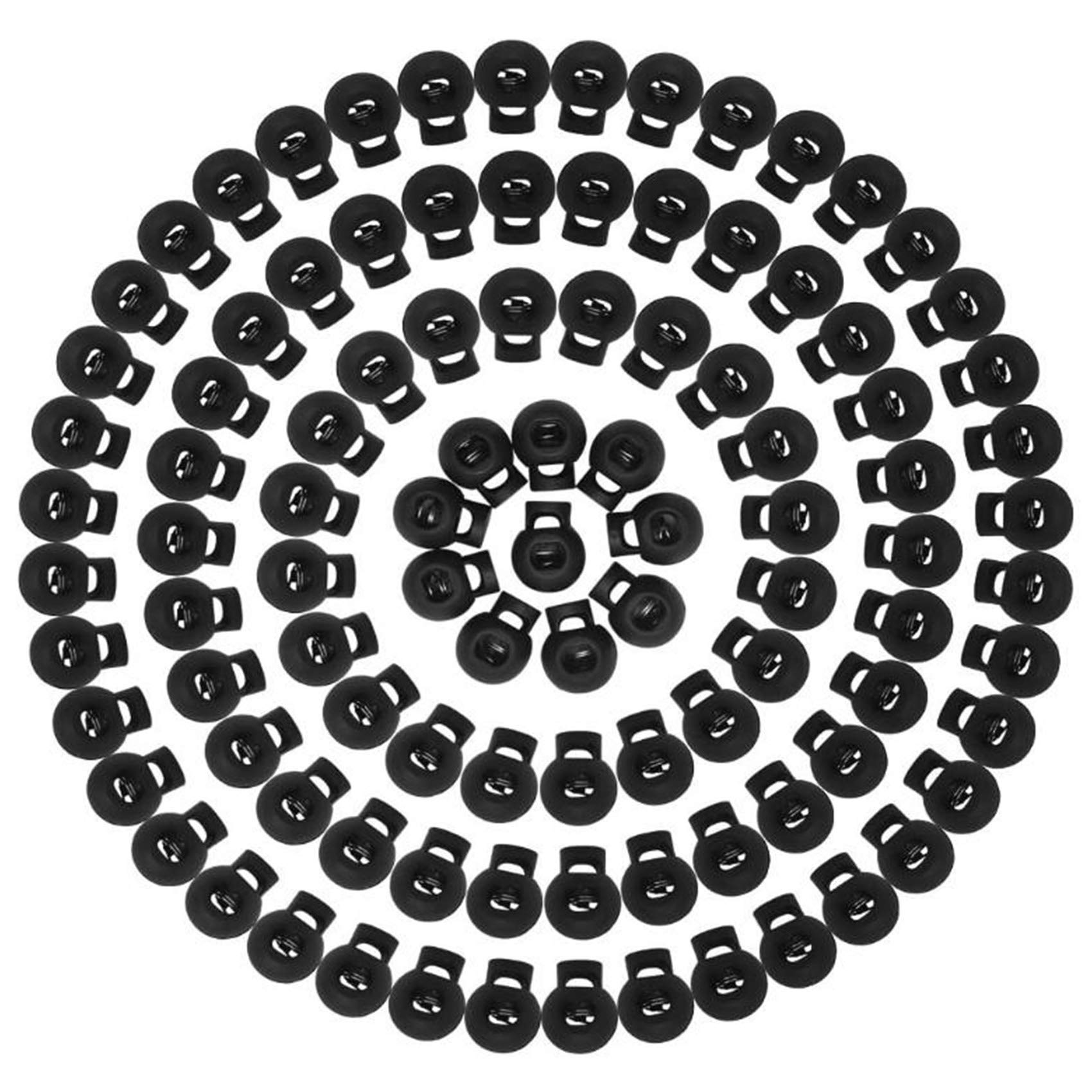 Yrlehoo 100X Spring Loaded Plastic Round Toggle Stopper Cord Locks End, for Camping, Hiking, Shoelace Replacement, Sports, Backpacks, Black