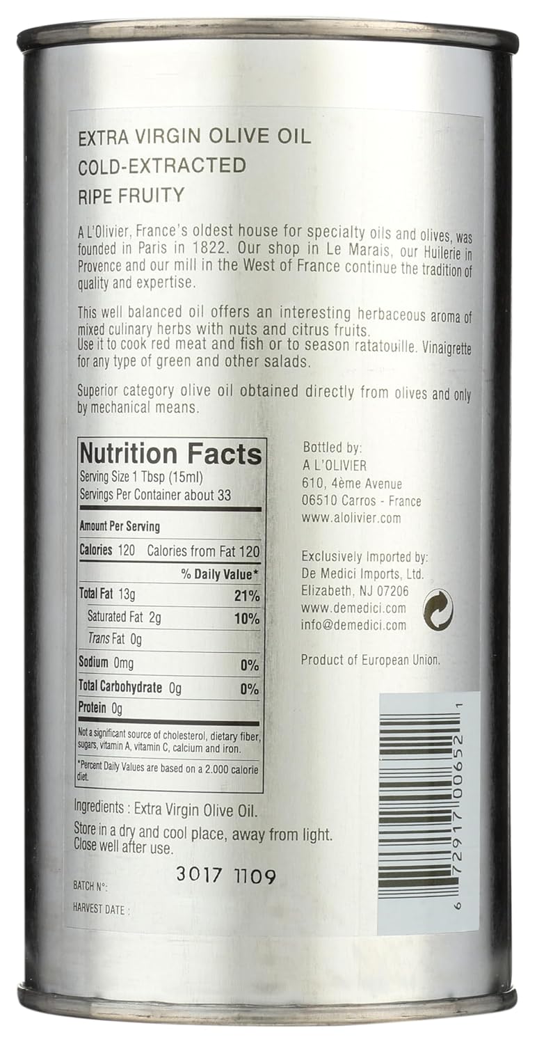 A L'Olivier Refill Tin Extra Virgin Olive Oil, 16.7-Ounce Tins