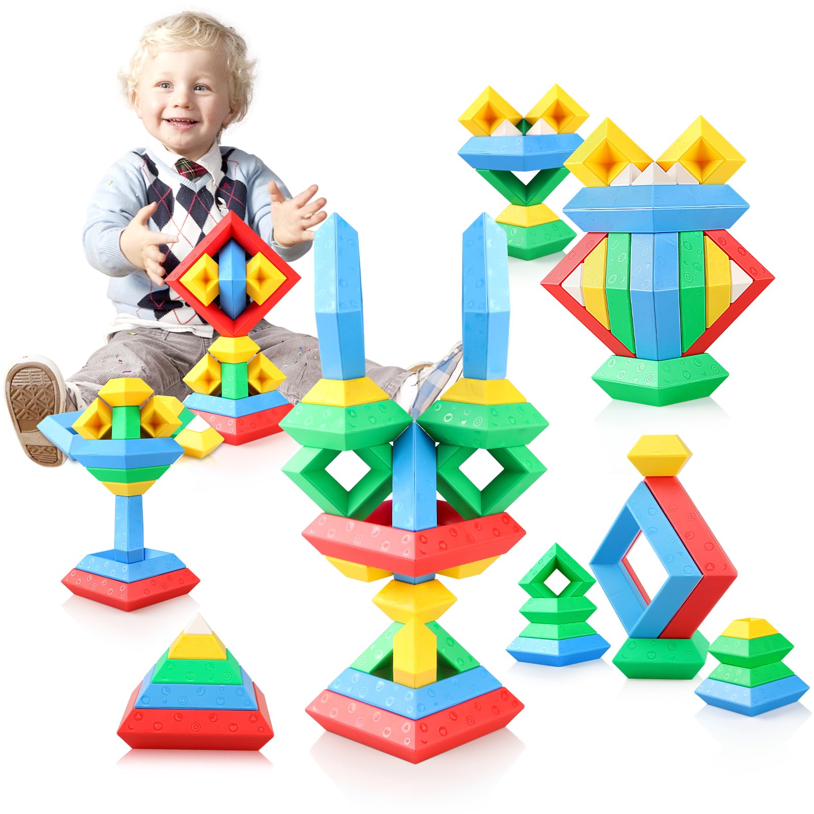 Gretex Montessori Toys Stacking Building Blocks - 32PCS Sensory Toys for Toddlers, Preschool Learning Activities for Home School Fine Motor Toy for Children, Gift for 3 4 5 6 Year Old Kids Boys Girls