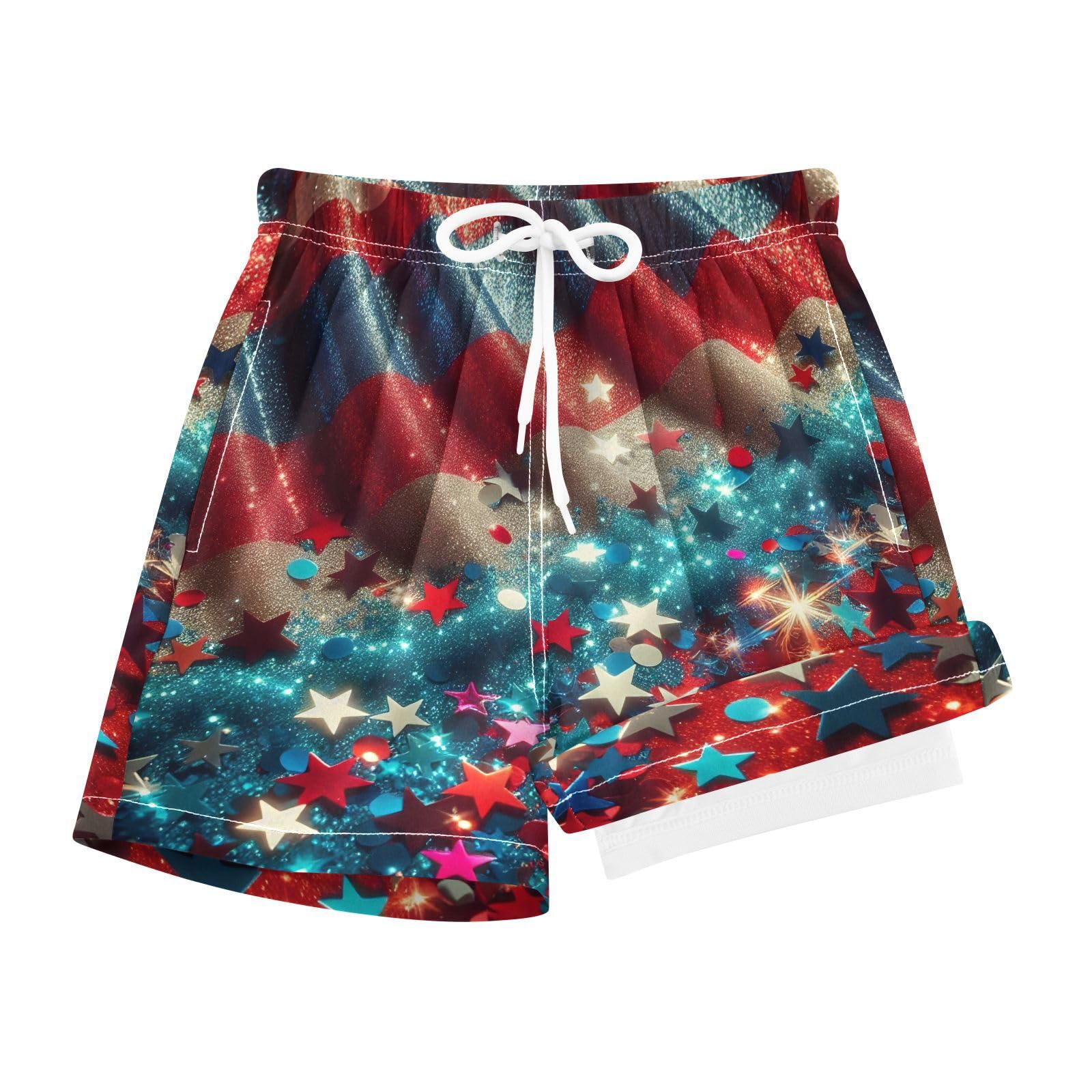 YANENDIE Boy Swim Trunks with Compression Liner Independence Day Boys Swim Shorts Quick Dry Beach Shorts