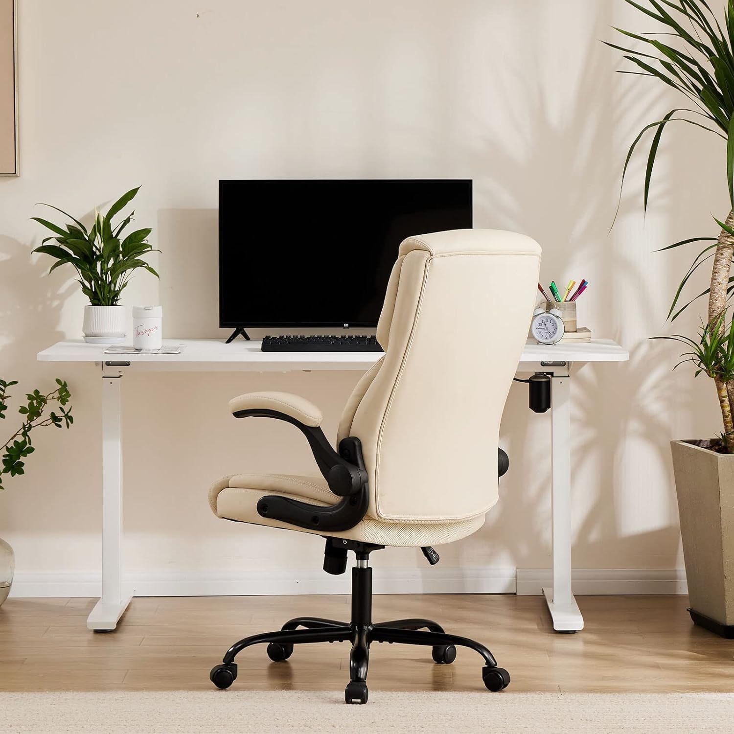 Adjustable Adjustable Beige Ergonomic Office Chair with Flip-Up Arms and Heavy-Duty Design Adjustable Beige Ergonomic Office Chair with Flip-Up Arms and Heavy-Duty Design