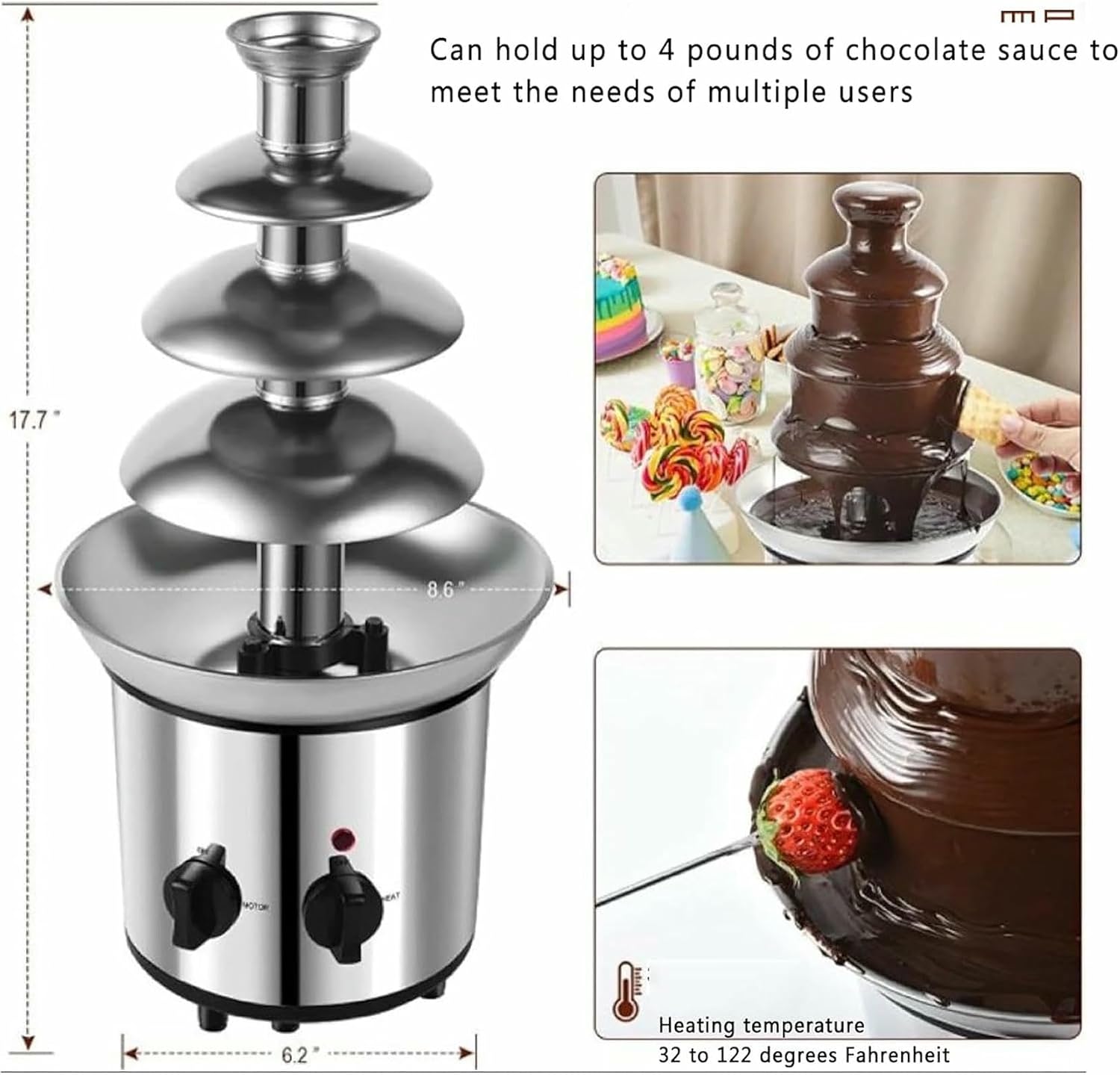 Stainless Steel Chocolate Fountain, 4 Tier Electric Chocolate Fondue Fountain Machine, Altitude 45cm and 35oz Max Capacity, Stainless Steel Tray and Continuous Insulation, for Party, Wedding