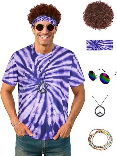 Vista 11 de Disfraz hippie para hombre, trajes de los años 60 y 70 para hombre, conjunto de camisa de teñido anudado con flecos, chaleco de carnaval, peluca