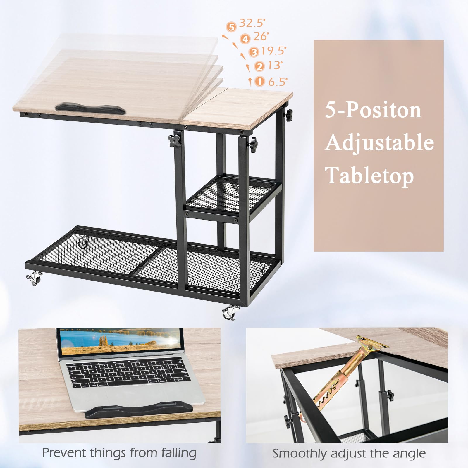LIFEZEAL Tavolino da Divano, da Letto, a Forma di C, Scrivania Mobile Porta Laptop, PC, Serviletto, con 4 Ruote, Piano Inclinabile, Altezza Regolabile, per Soggiorno, Salotto, 80x40x64-95cm, Naturale