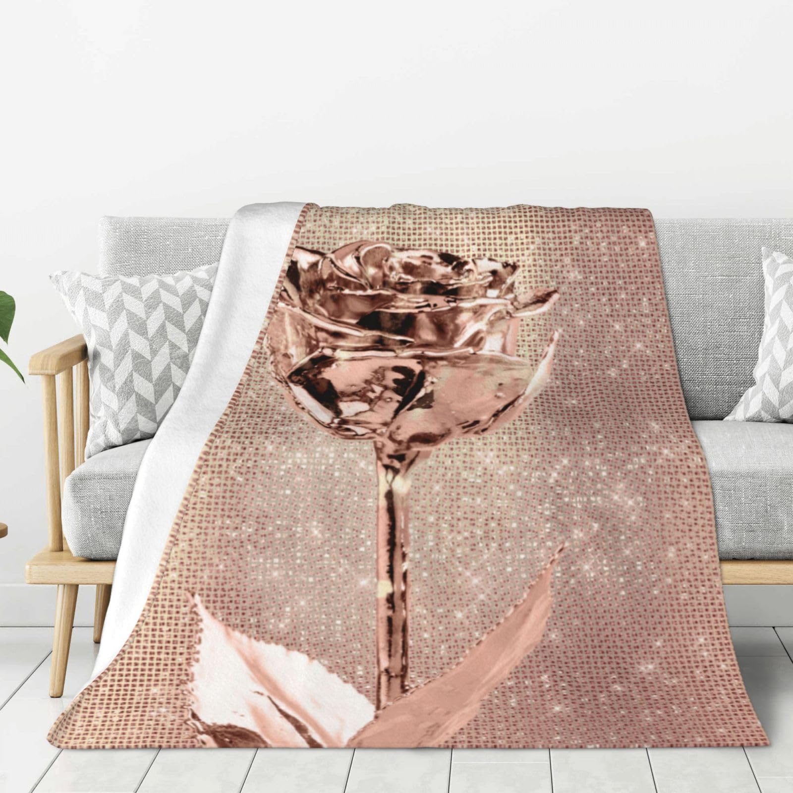 Yofien As Picture Pink Rose Flower Gold Copper Sequin Sparkly Super Soft Throw Flannel Blanket Thick Comfy Cozy Couch 80"X60"