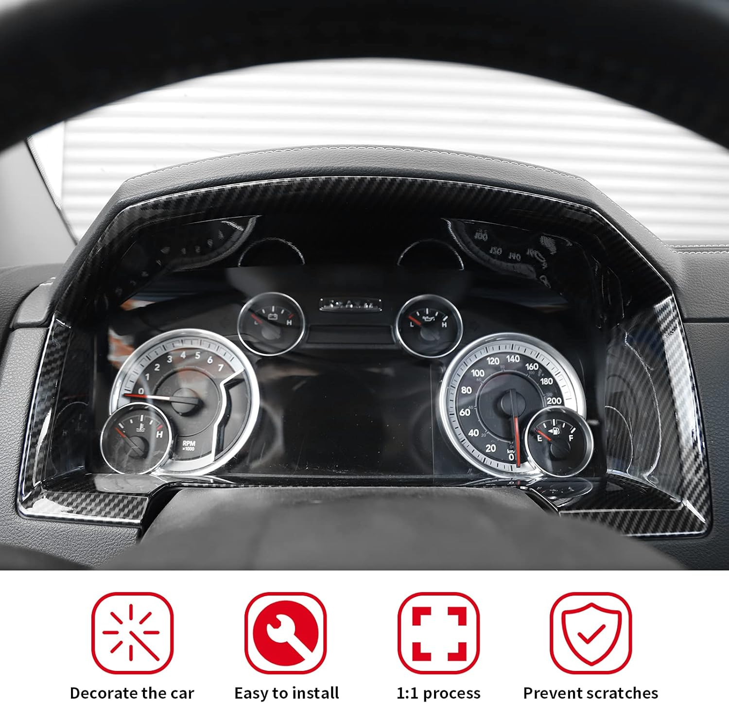 JeCar Dashboard Instrument Bezel Cover Trim Accessories for 2010-2017 Dodge Ram 1500, ABS Carbon Fiber