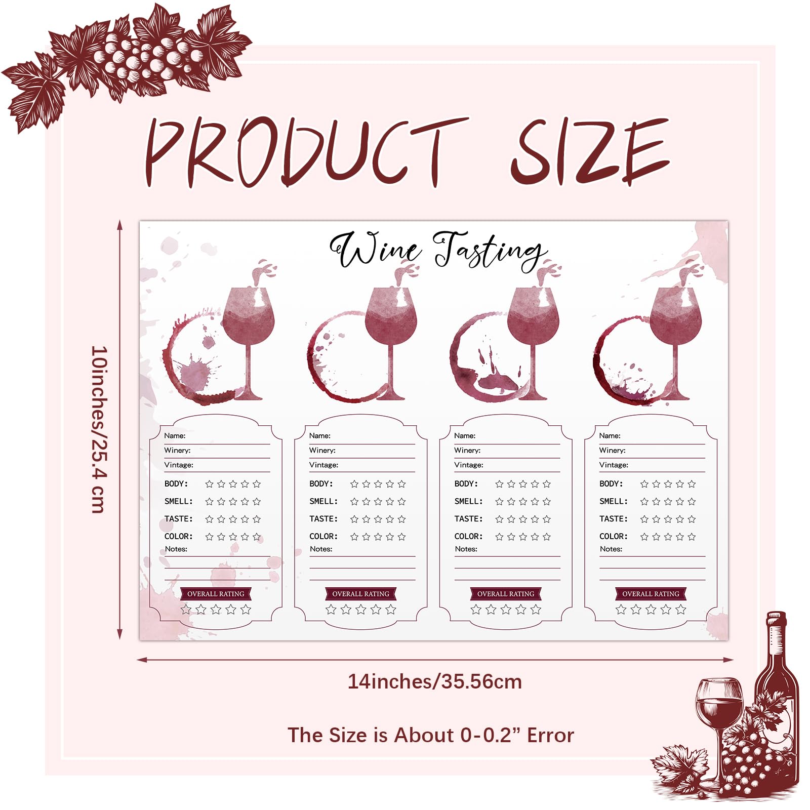 Juego de 48 manteles individuales para degustación de vinos, manteles individuales de cata de vino, papel desechable imprimible, hoja de clasificación de vino para decoración de fiestas,