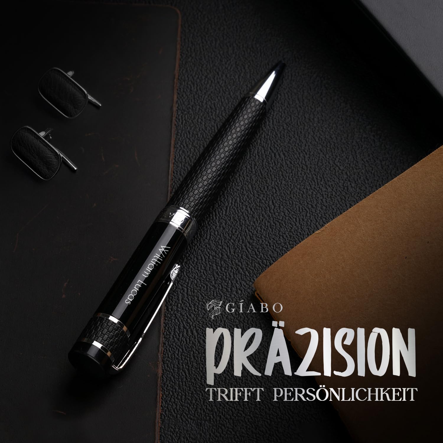 Gíabo Premium Kugelschreiber aus Edelstahl mit PU-Leder-Schaft und individueller Gravur | Hochwertiges Schreibgerät mit Etui – Ideal als persönliches Geschenk für Büro, Business und besondere Anlässe