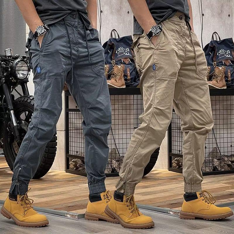 Men's Spring American Retro Cargo Pants Elastic Waist Zipper Casual Pants2