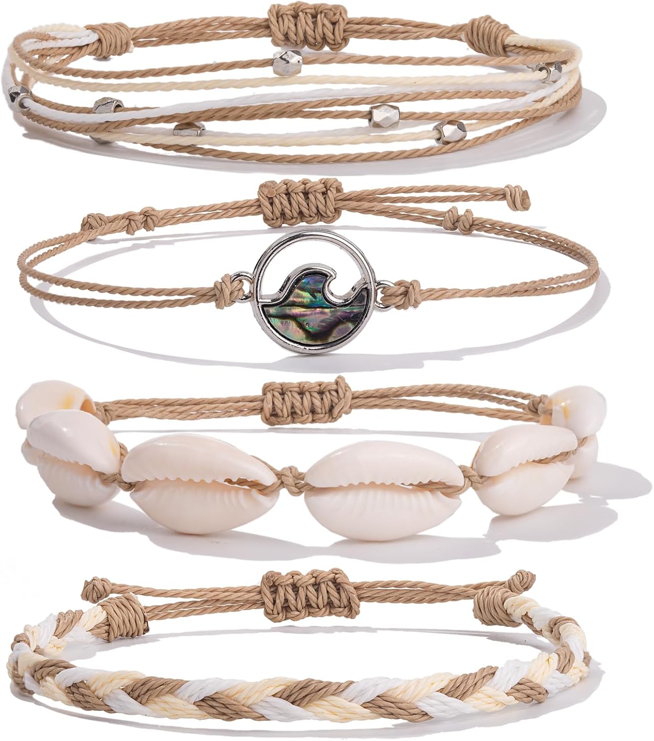 FANCY SHINY Wave String Bracelets Braid Puka Shell Bead Bracelets Handmade Cute Trendy Boho Easter Jewelry Gifts for Women