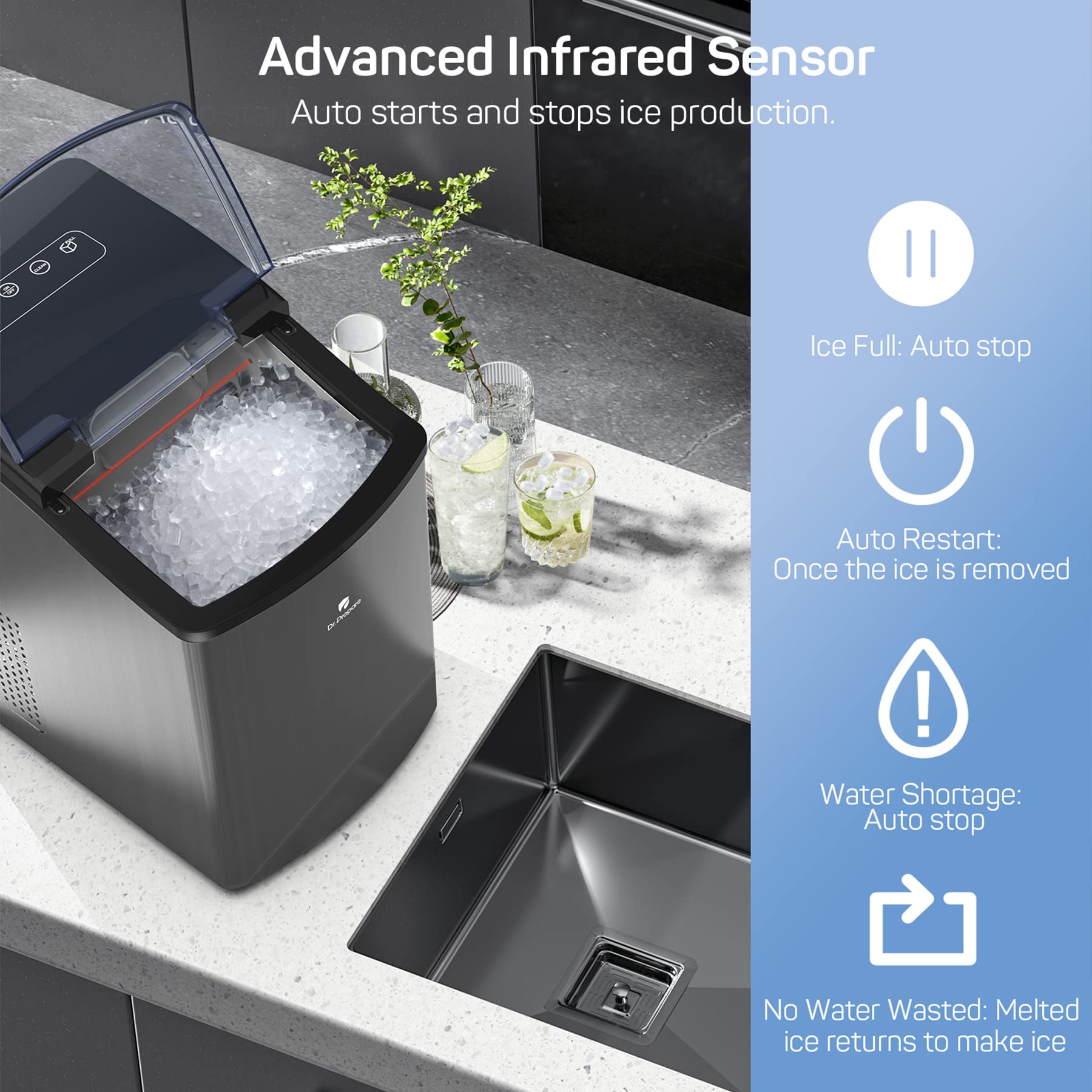 Dr.Prepare Countertop Nugget Ice Maker, Pebble Ice Machine, Produces ...