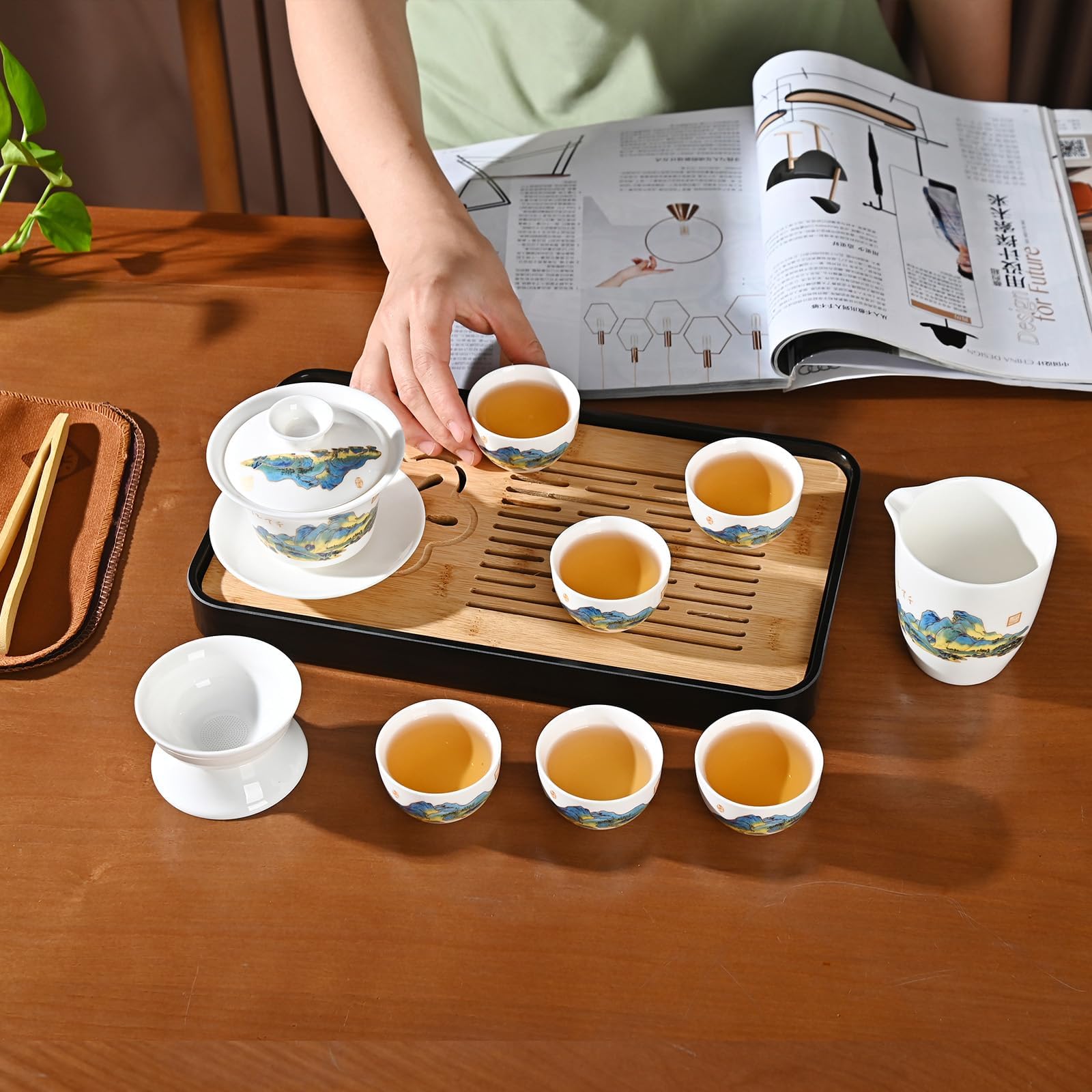 Chinesisches Teeset Traditionelles Chinesisches Kung-Fu-Teeset für Erwachsene, Gaiwan Teeset mit 6 Tassen (QLJS Gaiwan6)