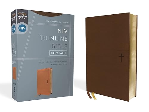 NIV, Thinline Bible, Compact, Vegan Leather, Brown, Red Letter, Comfort Print