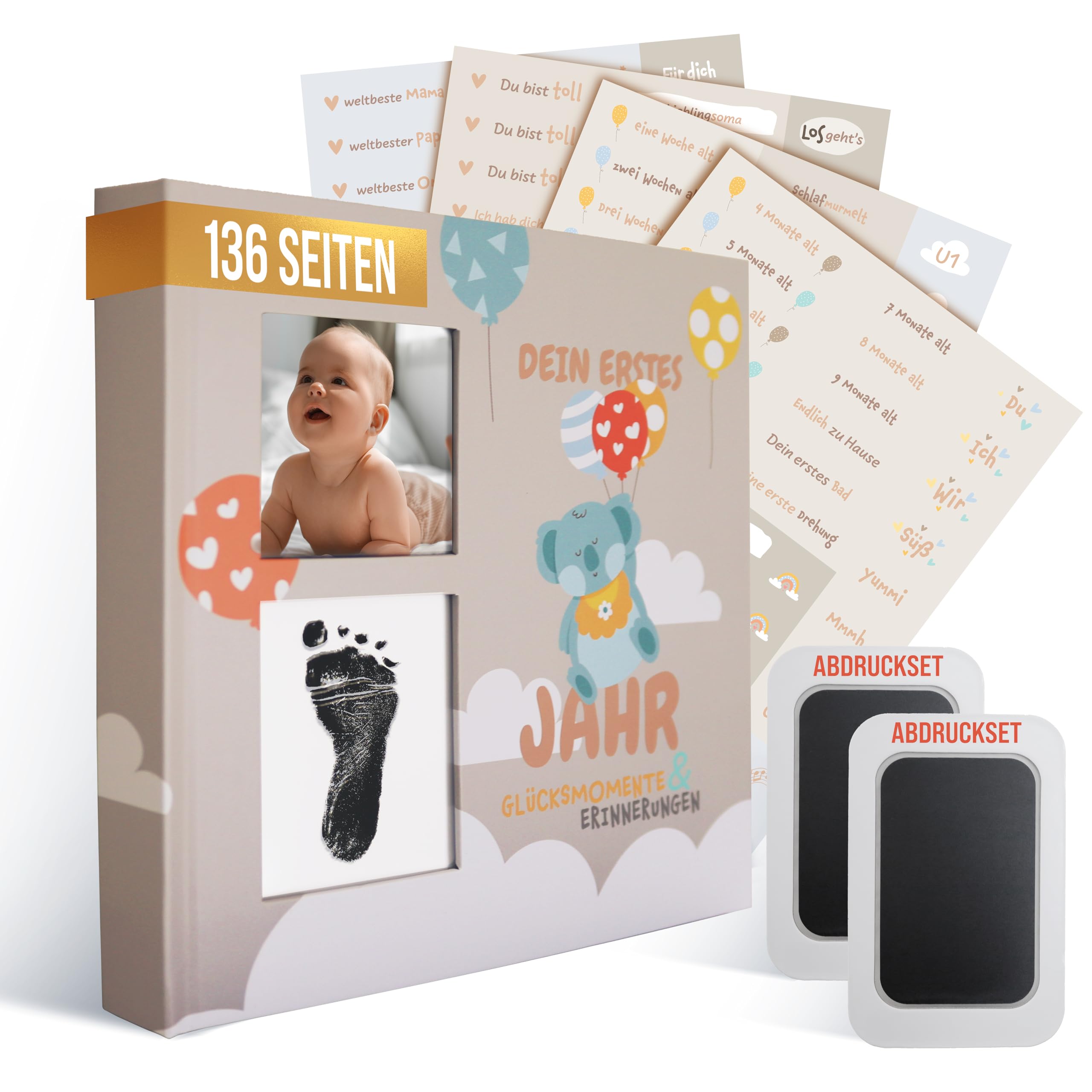 colortouch Babyalbum "Dein erstes Lebensjahr" mit Abdruckset + Aufkleber, Baby Fotoalbum zum Selbstgestalten, Babybuch zum Ausfüllen, Babytagebuch ab 0 Monate, Fotoalbum zum eintragen für Babypartys