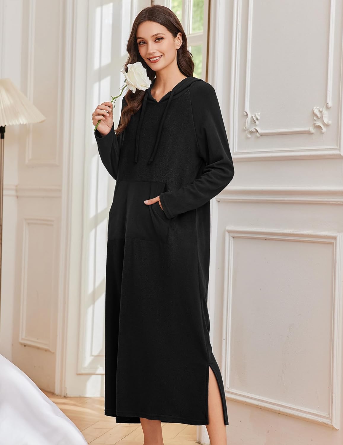 Ekouaer Nightgowns for Women Fleece Nightgown Long Sleeve Sleepwear Hooded Night Gown Long Sleep Shirt with Pocket - Image 4