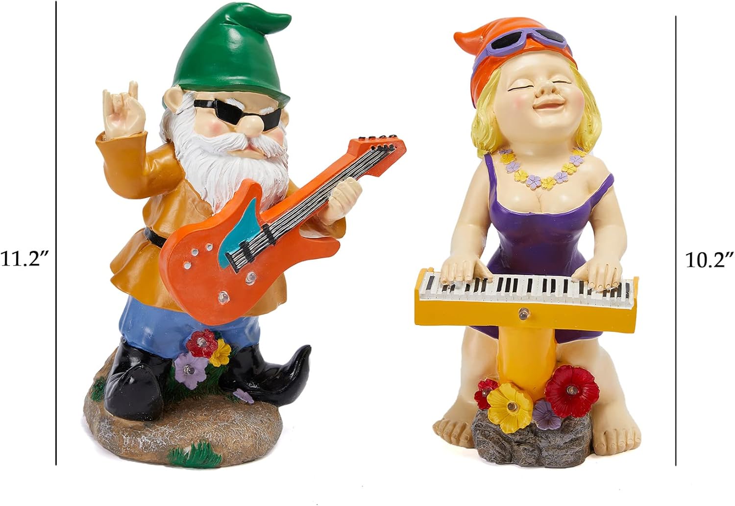 Rock N Roll Musician Gnomes with Solar LED Light Instruments | Set of 2 | Musician, Pianist, Guitarist Garden Statue, Yard Art Décor, Indoor & Outdoor Ornament for Lawn, Patio Sculpture - 10"-11"H