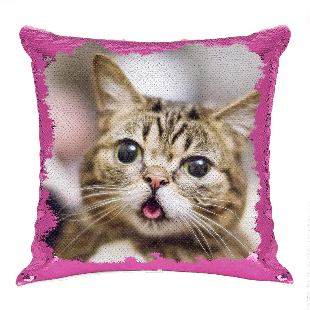 Cat Sequin Cushion Cover Custom Hidden Cat Image Magic Pillowcase Personalized Photo Cushion Cover A Clever Personalized Pet Photo Gift (Purple)