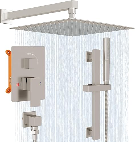 Miniatura 10 de Hoimpro Juego de sistema de ducha con mezclador de lluvia de 12 pulgadas y cabezal de ducha de mano montado en la pared, combo de grifo de ducha de