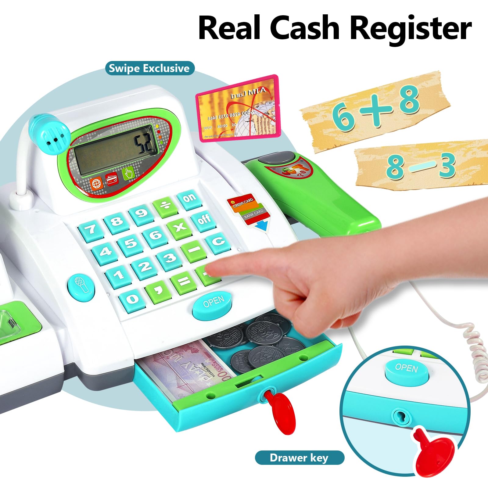 HERSITY Caja Registradora Juguetes con Sonido, Micrófono, Escáner, Supermercado Juegos Niños Comida Juguetes, Juego de Roles Educativos Regalo para Niña Niño 3 4 5 Años