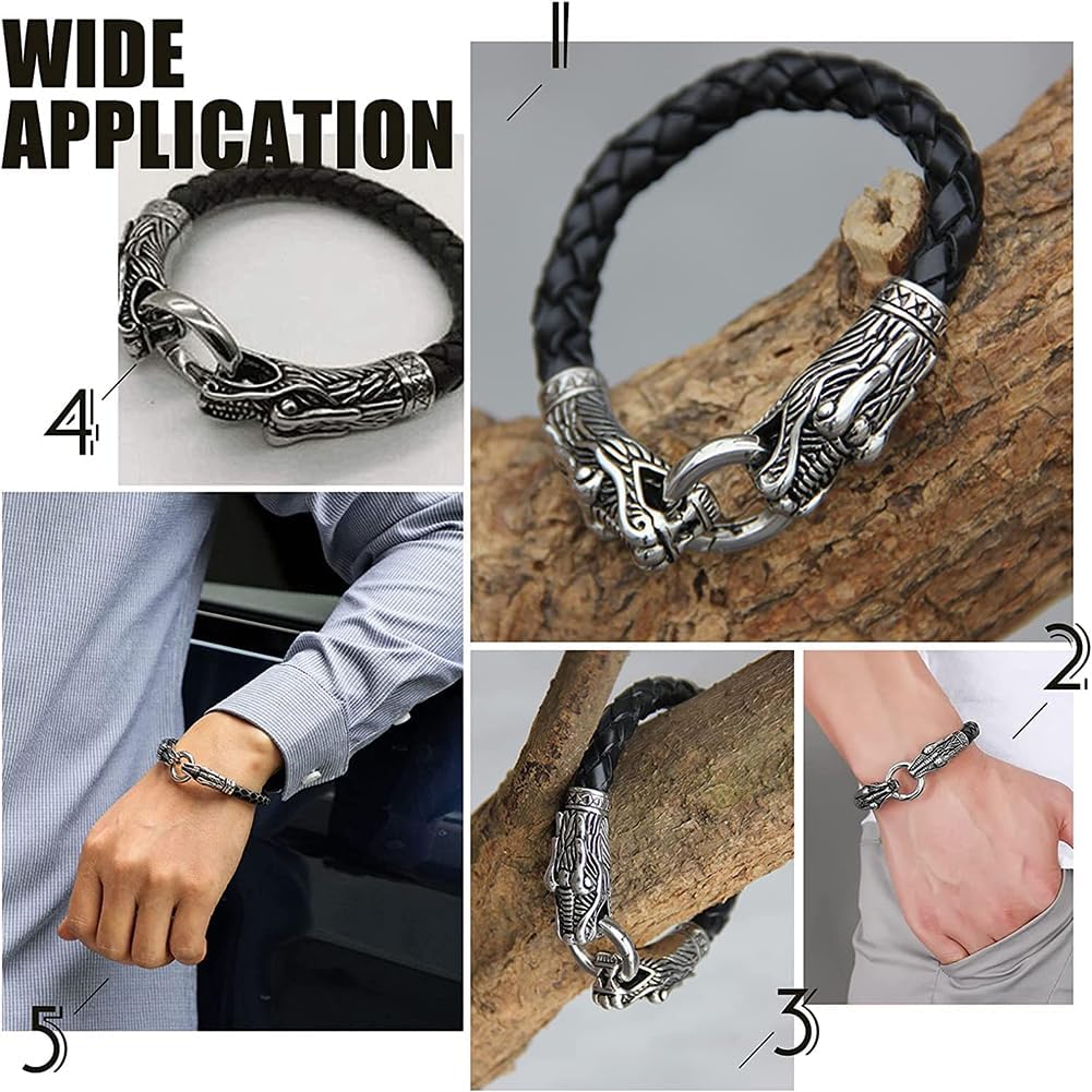 UNICRAFTALE 2 Sets 316 Stainless Steel Wolf Head End Caps with Spring Gate Rings Leather Bracelet Making Cord Ends O Rings Antique Silver Bracelet Clasps Connected for Jewelry Making