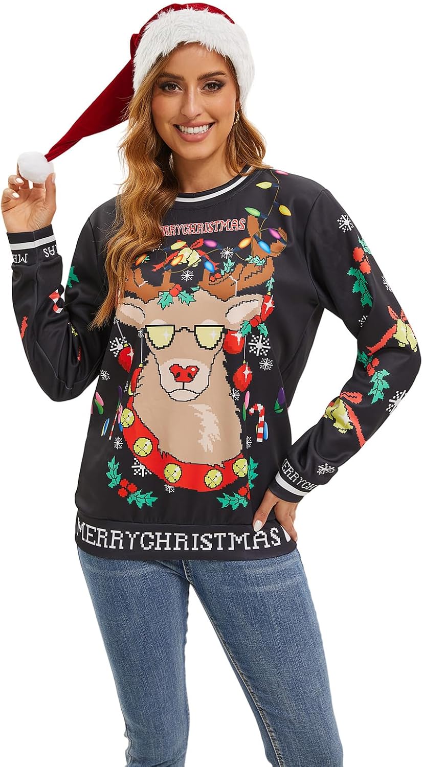 Ugly Christmas Sweater Women Men Novelty 3D Funny Pullover Crewneck Sweatshirt with Santa Hat for Party