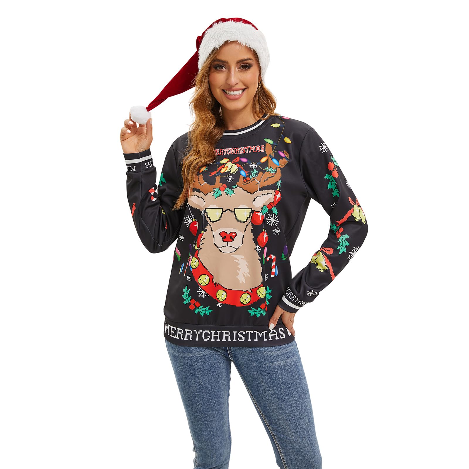 YTWS Ugly Christmas Sweater Women Men Novelty 3D Funny Pullover Crewneck Sweatshirt with Santa Hat for Party
