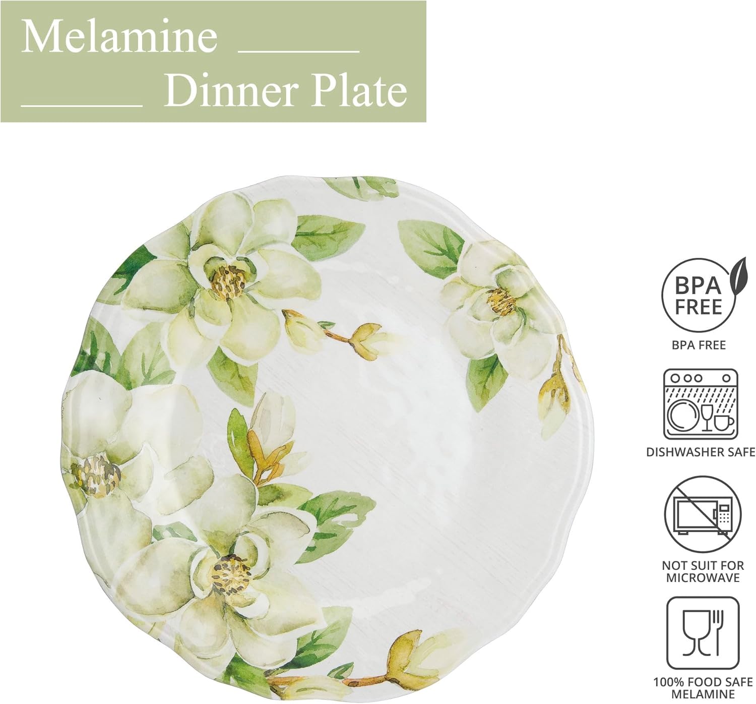 UPware Magnolia Melamine Dinner Plate Set, Flower Shaped Plates for Main course, Pasta, and Salad, BPA-Free, Dishwasher Safe, Green, 11 Inch, Set of 6 - Image 2
