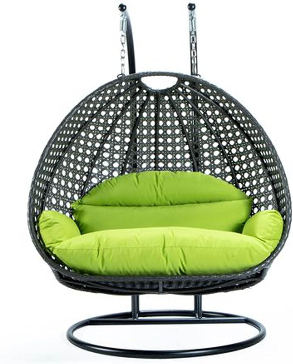 LeisureMod 2 Person Wicker Hanging Egg Chair, Indoor Outdoor Patio Swing with Black Stand & UV-Resistant Cushions, Lounge Chair for Bedroom & Garden, Light Green