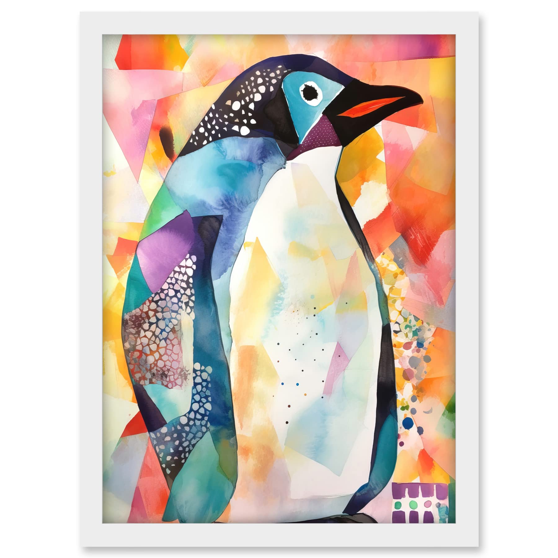 Artery8 Polygon Colour Penguin Folk Art Artwork Framed A3 Wall Art Print
