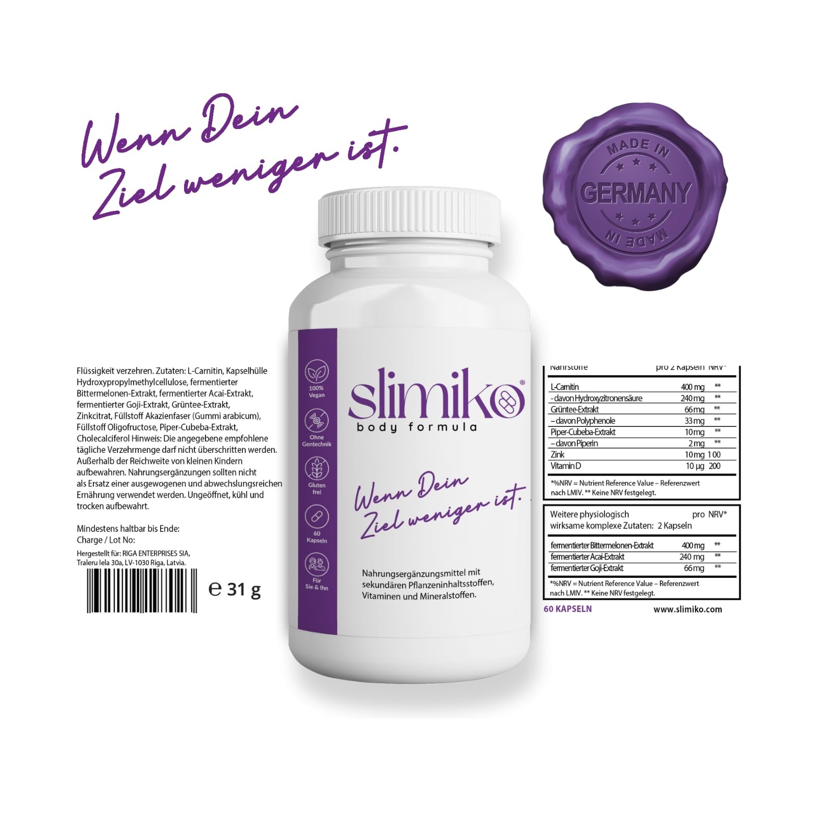 Original SLIMIKO Kapseln | Burn Formel für deine Figur 2026 | Nahrungsergänzungsmittel mit Grüntee, Acai, Goji-Extrakt, L-Carnitin