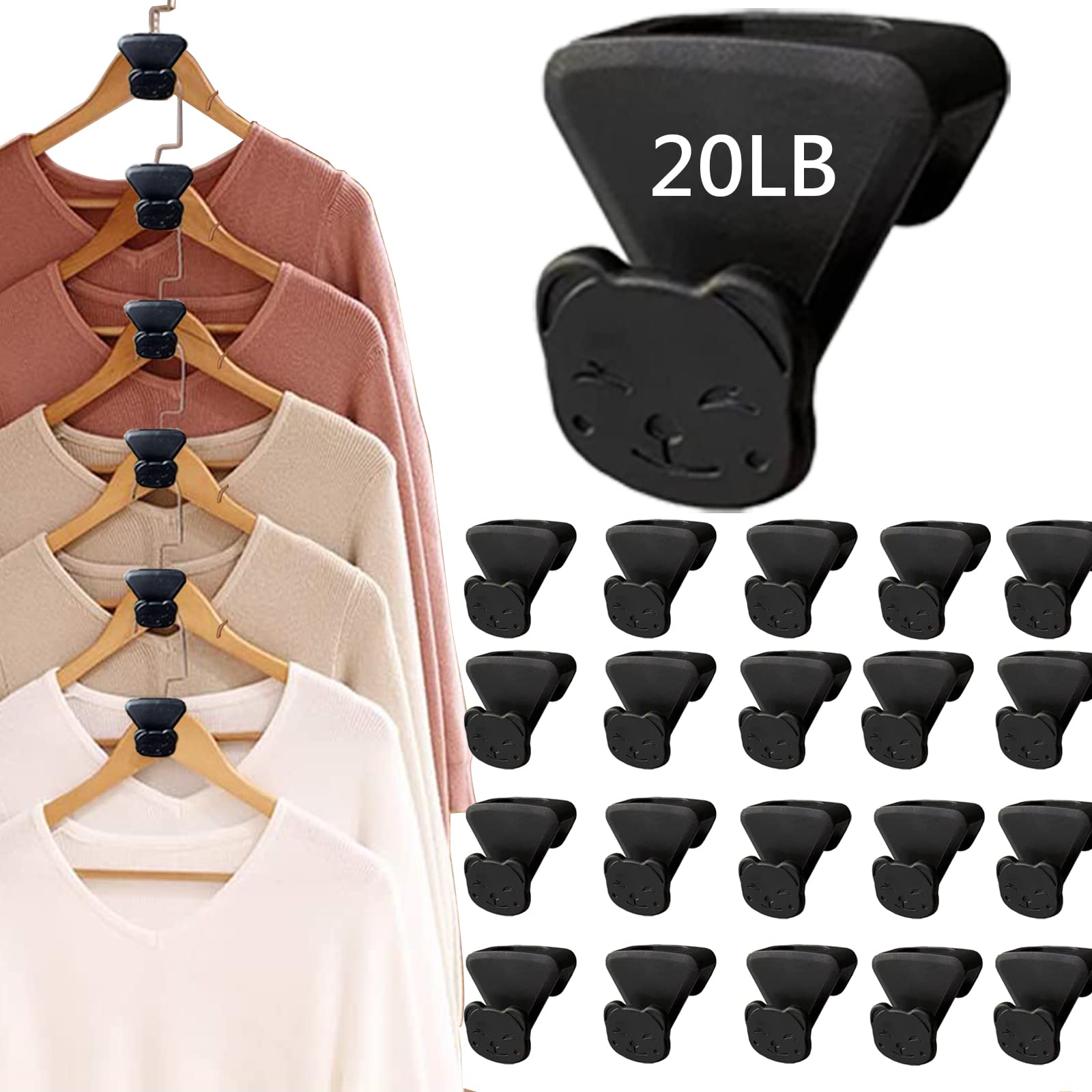 20pcs,New Hanger Connection Hook,Space-Saving Clothes Rack Seen On Tv,Cascade Clothes Hanger Can Create Up to 3.5 Times More Closet Space,Suitable for All Types of Hangers,Black (Black, 20)