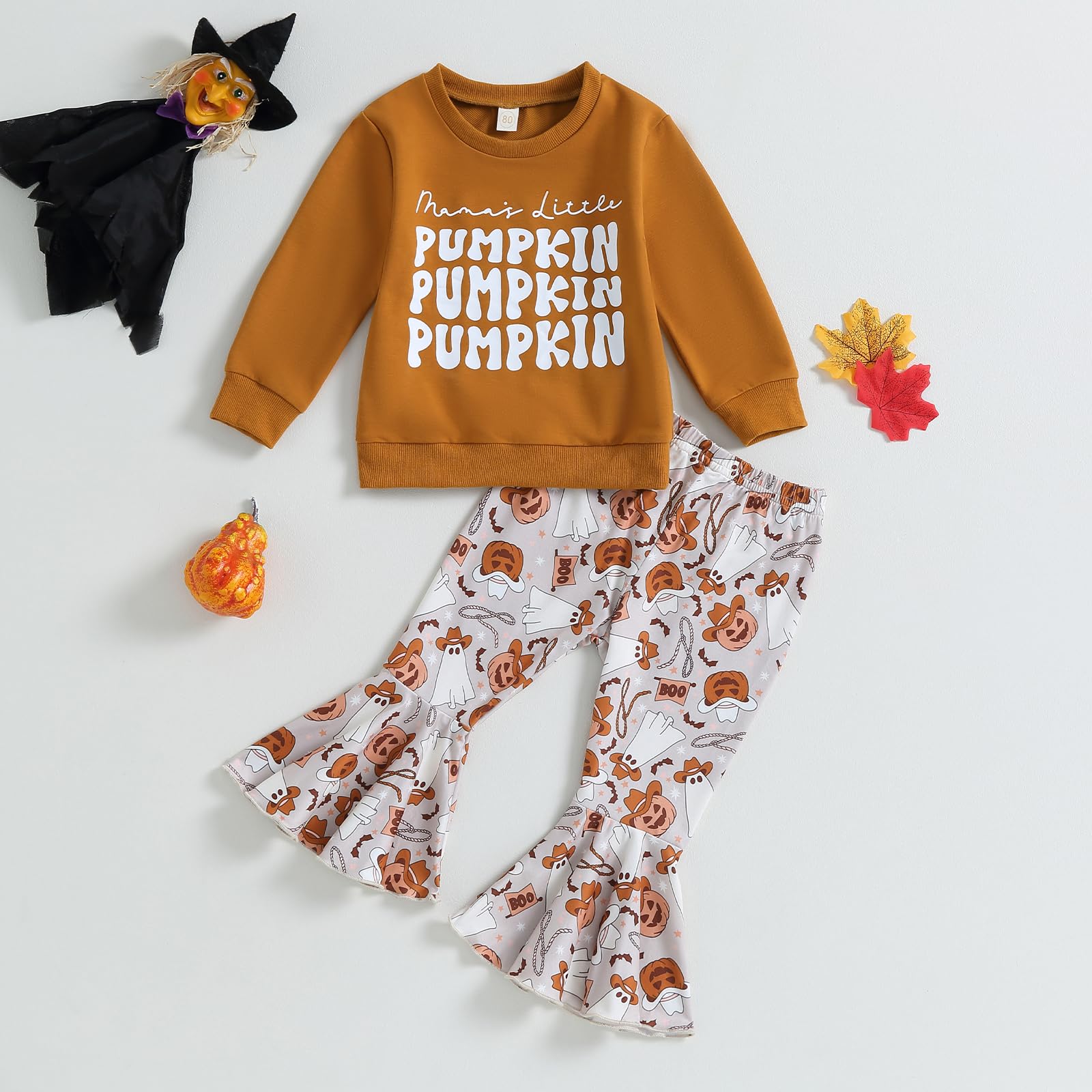 YINGISFITM Toddler Baby Girl Halloween Clothes Little Pumpkin Crewneck Sweatshirt Tops Flare Pants Fall Winter Outfits Set (Caramel, 4-5 Years)