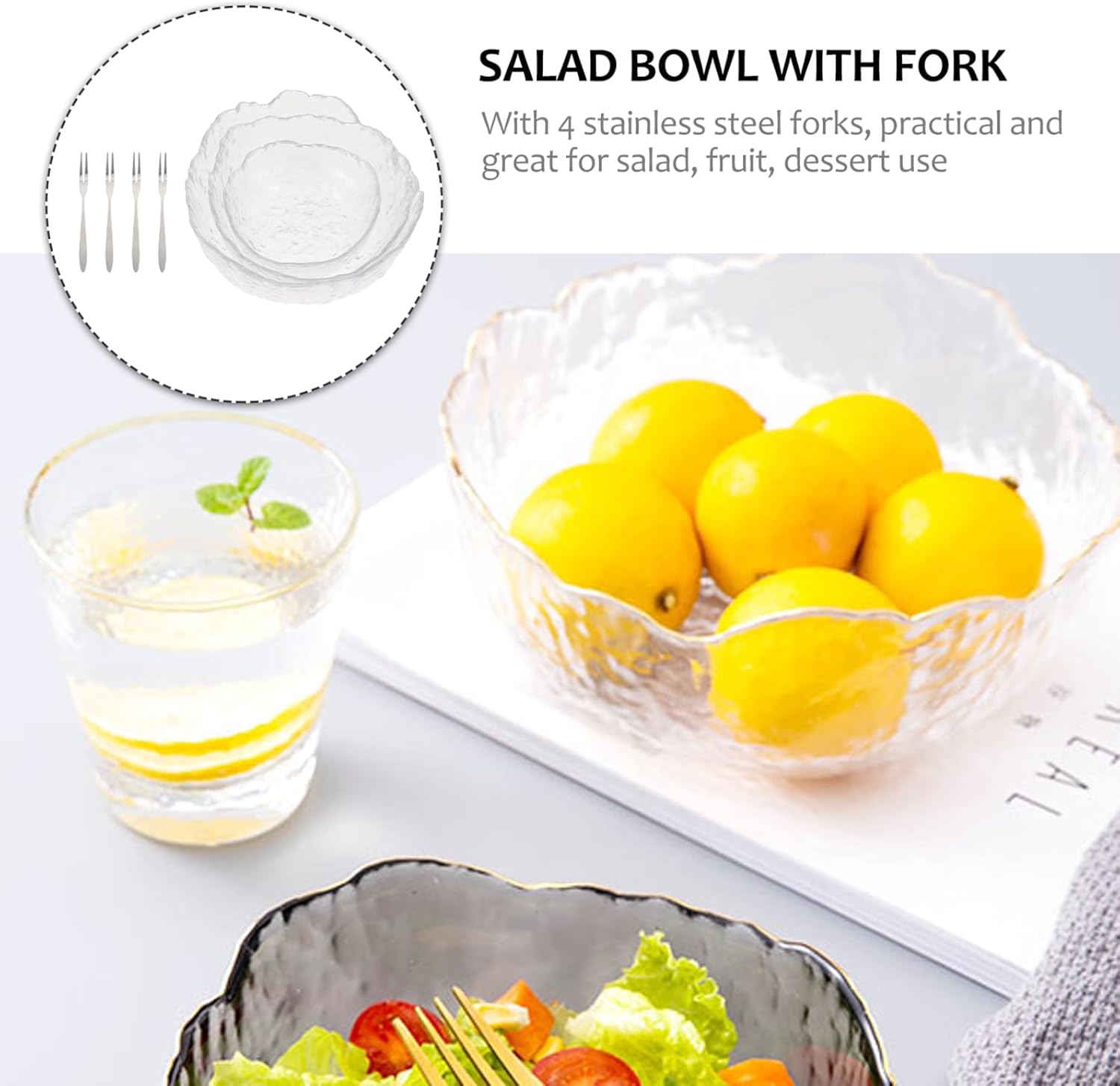 3pcs Glass Salad Bowls with Hammered Texture, Glass Dessert and Fruit Serving Bowls, Includes 4 Stainless Steel Forks for Kitchen Dining and Entertaining