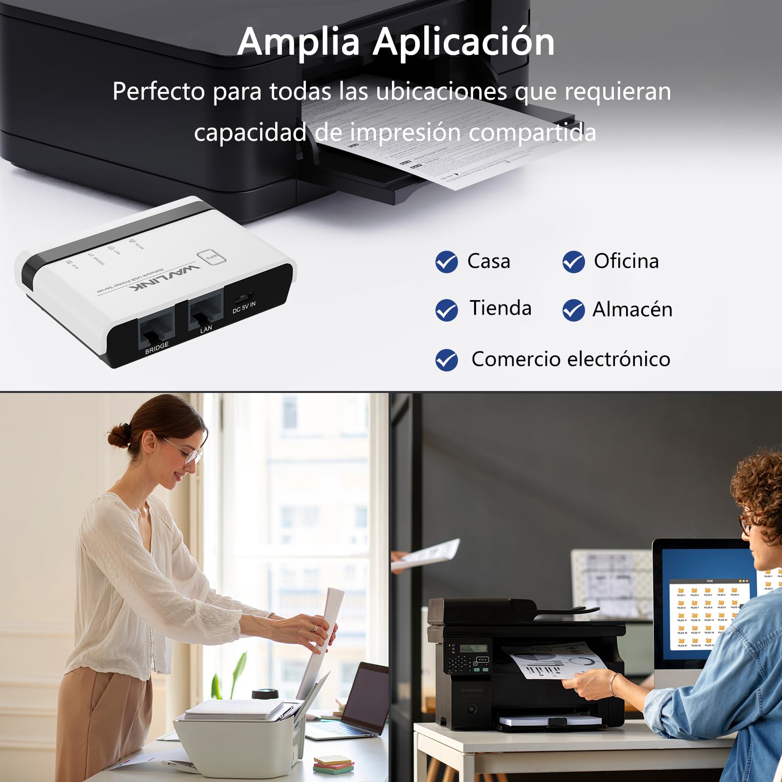 WAVLINK Servidor de impresión inalámbrico, servidor de impresión WiFi con LAN/Bridge de 10/100 Mbps, USB2.0, soporte modo cableado/archivo/independiente, compatible con Windows/Mac y todas las