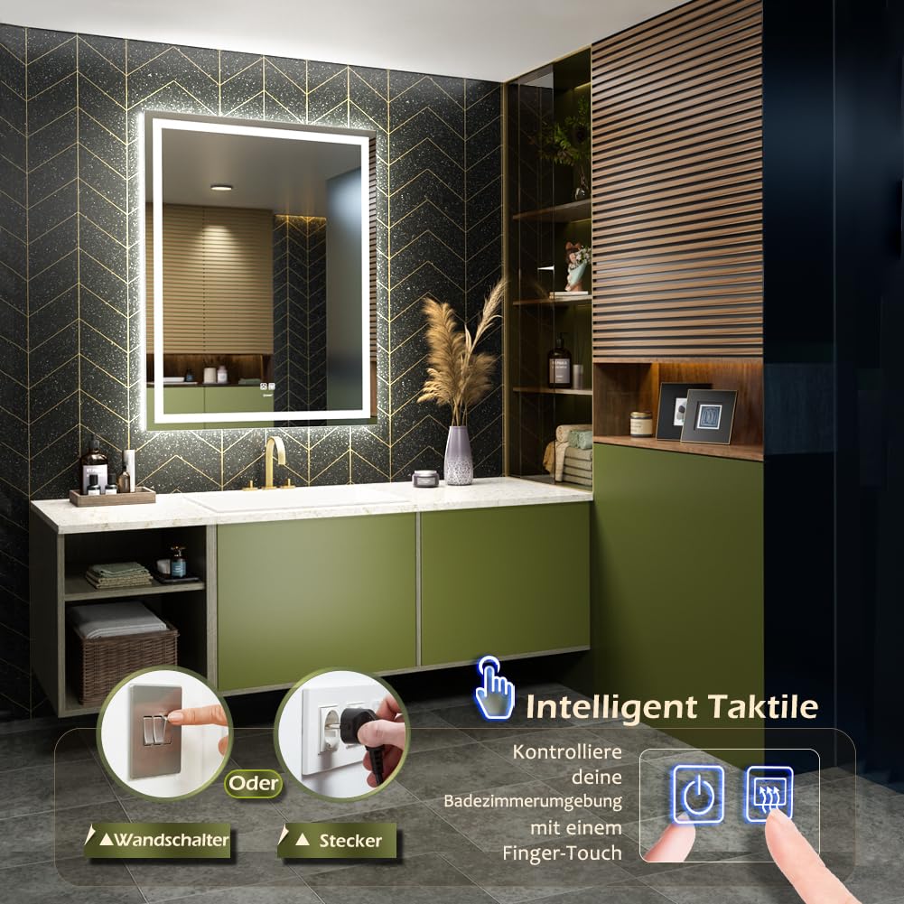 GANPE Specchio da bagno a LED, specchio da trucco, montaggio a parete, 6500 K, LED ad alto lumen, anti nebbia, IP44 impermeabile+verticale e orizzontale (90 x 60 cm)