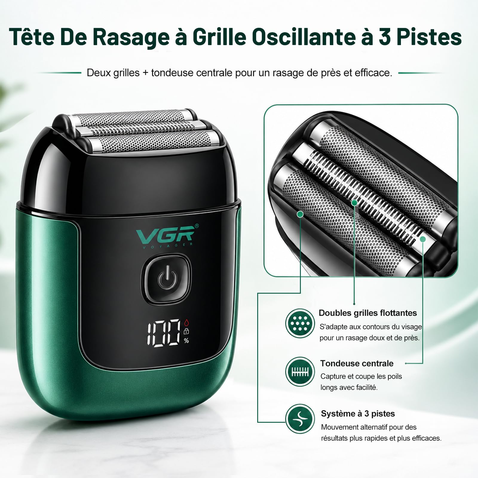 VGR 380 Mini Rasoir Electrique Avec Cadenas De Voyage, Étanche IPX6, Vert