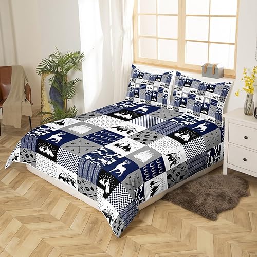 Miniatura 2 de Juego de ropa de cama de camuflaje azul con diseño de bosque, vida silvestre, oso, alce, ciervo, funda de edredón individual para niños y
