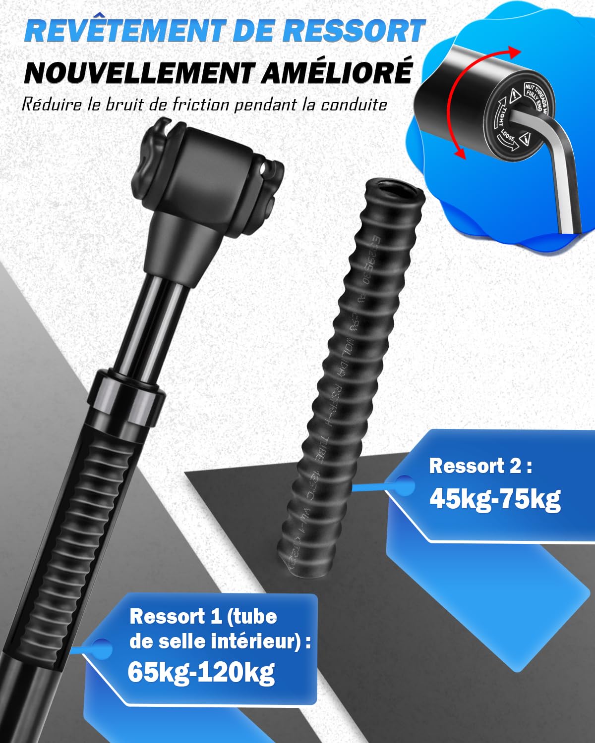 MAIKEHIGH Tige de Selle pour Vélo Suspendue, Aluminium Tube de Selle Amortisseur Ø27,2/30,9/31,6mm avec 2 Manchons Réducteurs 2 Ressorts pour VTT Vélos de Ville Vélo de Route