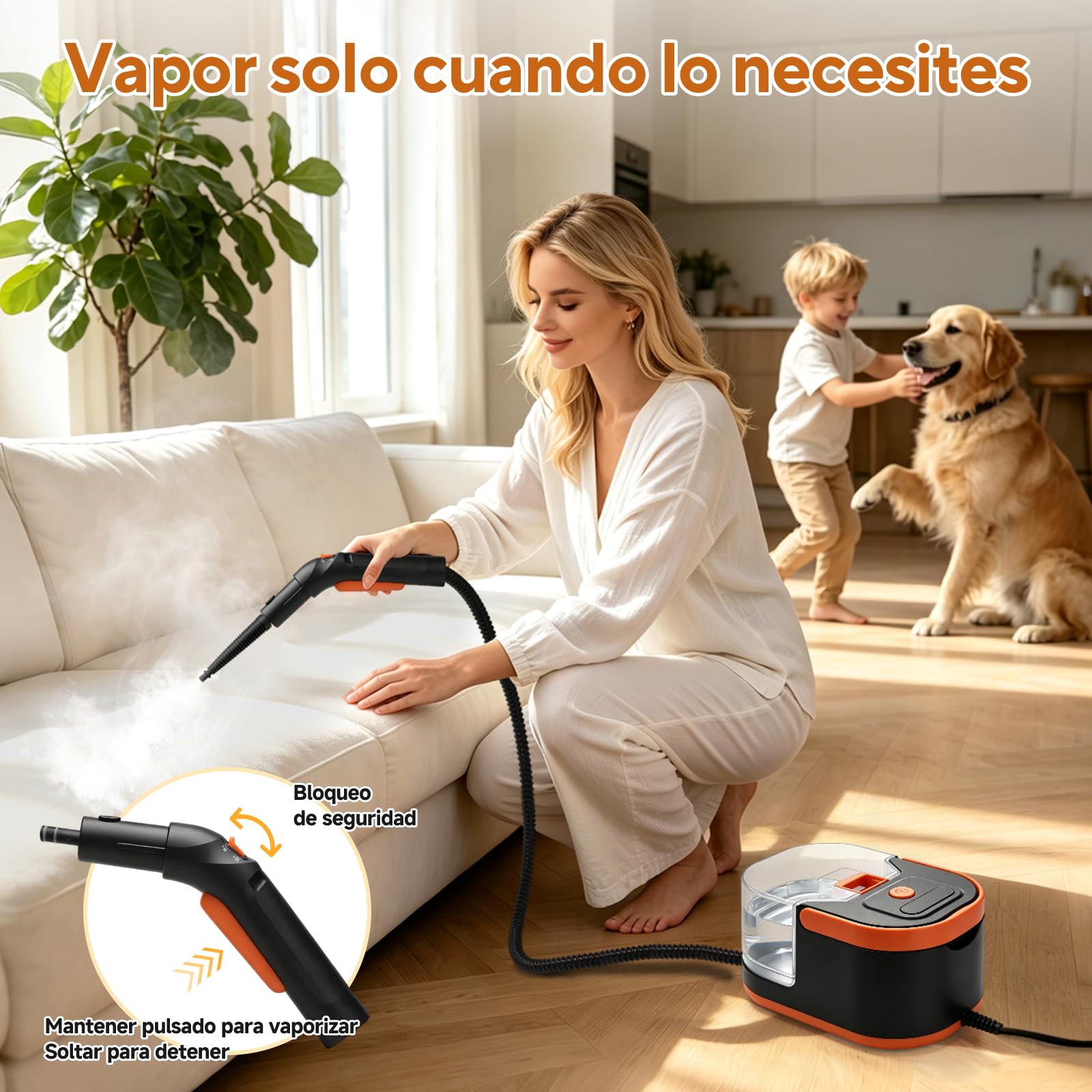 Vaporeta Limpieza Hogar 105°C Alta Presión con Depósito Extraíble 1,5L | Calentamiento en 30s, 3 niveles de vapor y depósito extraíble de 1,5 L para limpiar cocina, baño, coche y tapicerías.