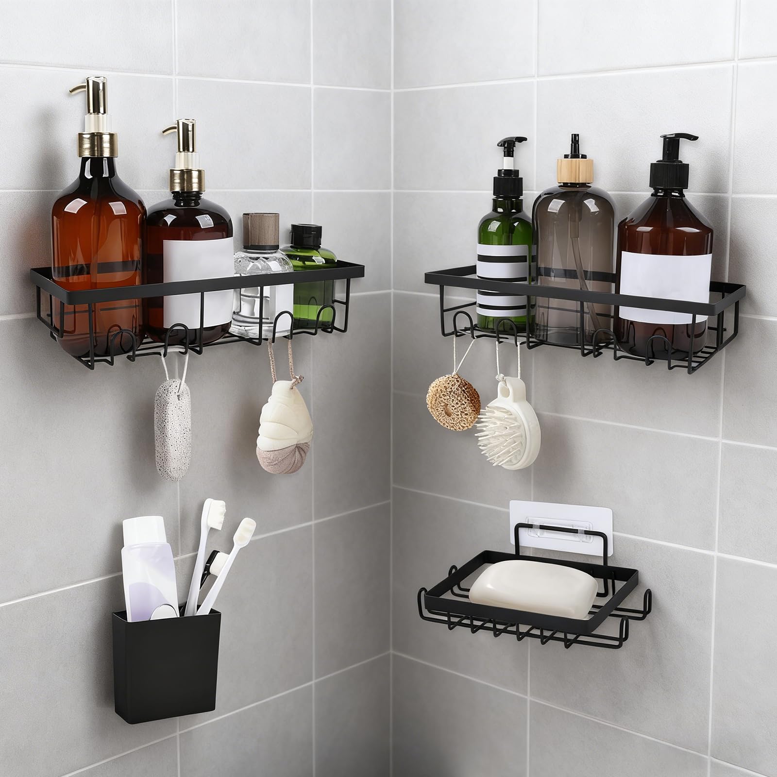 SINRUIJI 4 Pack Bathroom Shower Caddy Black Stainless Steel Storage Organizer Rack System No Drilling Shelves for Bathroom
